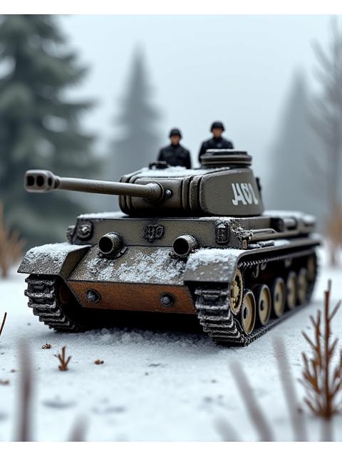 Weathered German Tiger I tank model on a snowy base