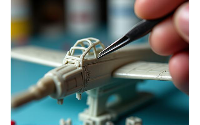 Detailed shot of model kit parts being carefully assembled