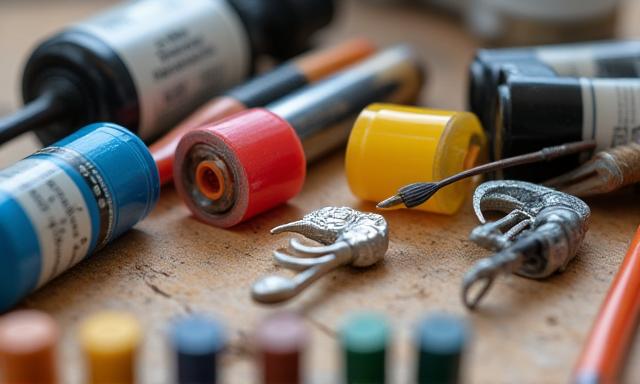 Arrangement of hobby paints, brushes, and weathering supplies